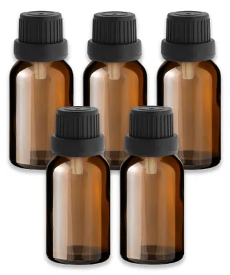 Produktbild von 5x Braunglasflasche 15 ml mit schwarzem Tropfer für Ätherische Öle Set