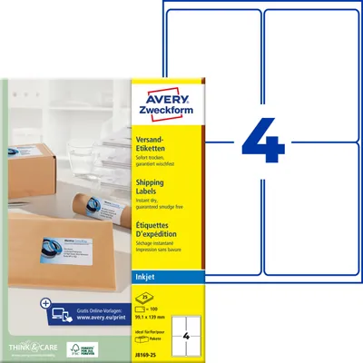 Obrázok produktu pre Avery J8169-25, Biela, Inkjet, 99.1 x 139 mm, A4, 25 listy, 100 kusov