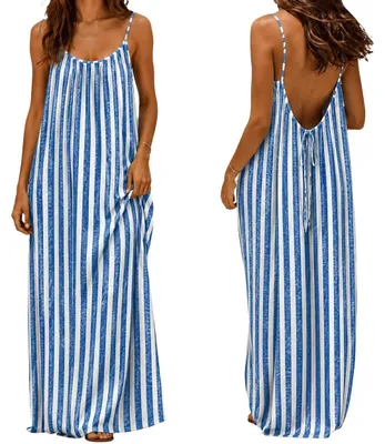 Imagen del producto de Vestido camisero para mujer, sin mangas, color azul con rayas