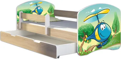 Produktbild von ACMA Jugendbett Kinderbett Junior-Bett Komplett-Set mit Matratze Lattenrost und Rausfallschutz Sonoma 35 Hubschrauber 140x70 + Bettkasten