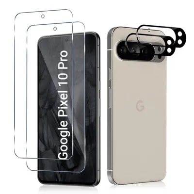 A product shot showing screen protectors and a phone case for a Google Pixel 10 Pro.