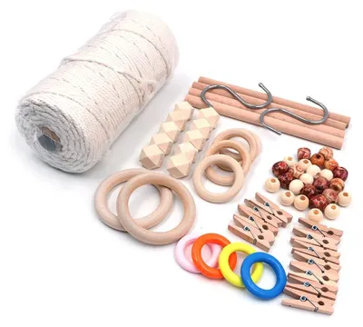 Produktbild von Makramé Bastelset - 2 Holzringe, Baumwollkordel, Bastelmaterialien - DIY Set für Anfänger
