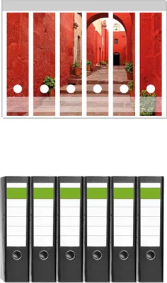 Produktbild von Wallario 6 Stück breite Ordner inkl. Klebeetiketten mit Motive Roter Torbogen -  Set mit Rückenschildern / Ordnerrücken Stickern