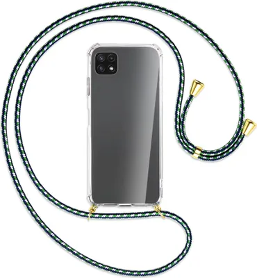 Produktbild von Handykette Backcover-Schutzhülle mit Band (Metall goldfarben) für Samsung Galaxy A22 5G (A226) - grün/blau/weiß