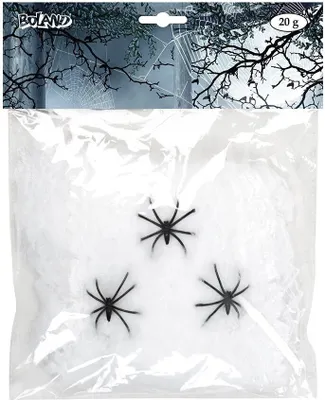 A product package containing fake spider webs and three plastic spiders for Halloween decoration.
