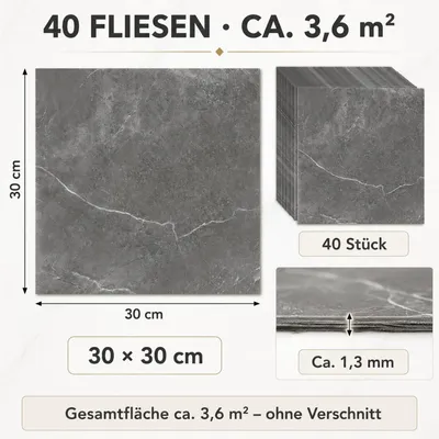 Produktbild von Vinylboden selbstklebend Grau Marmoroptik 40 Fliesen 3,6 m²