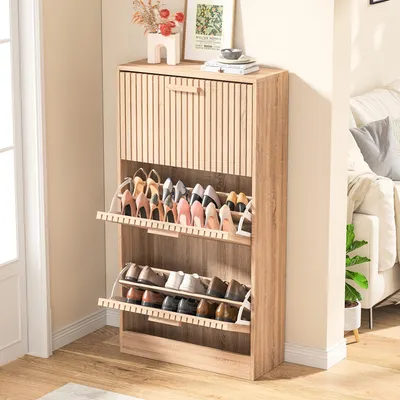 Obrázok produktu pre Skriňa na topánky 3 klapky, výklopník na topánky, stojan na topánky, 113 cm, nastaviteľný stojan na topánky, drevená skrinka na topánky do vchodu, predsiene, obývačky