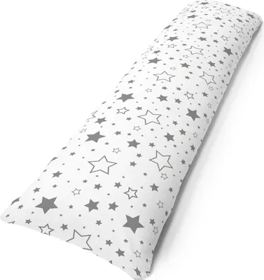 A long pillow with a star pattern on a white background.