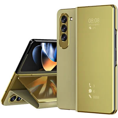 Obrázek produktu pro Pouzdro na Samsung Galaxy Z Fold 5 průhledný zrcadlový kryt, stojánek zPolyuretankůže Zlato