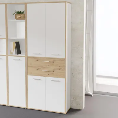 Produktbild von Forte KEFLAVIK Büroschrank 80 90, moderner Büroschrank mit 4 Türen und 2 Schubladen, Weiß|Artisan Eiche Holzdekor, 84,5 cm breit x 226,5 cm hoch x 41,5 cm tief