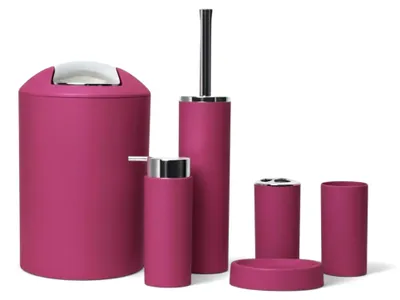 Produktbild von 6tlg Badset Badezimmer Zubehör Set Organizer: (Magenta Design 2a) Seifenspender, Zahnputzbecher, Kosmetikeimer, WC Bürste, Seifenschale, Mülleimer