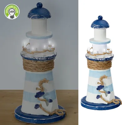 Produktbild von LED Deko Leuchtturm H22cm Holz Seil Muscheln Anker maritim Dekoration Leuchtfeuer Turm
