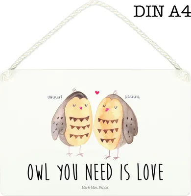 Produktbild von Mr. & Mrs. Panda Schild Eulen Liebe DIN A4 - Weiß - Geschenk, sprüche, wandtafel, Türschild, Wortspiel, Wandbild Holz, holzbild, Eule, glücklich