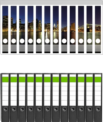 Produktbild von Wallario 12 Stück schmale Ordner inkl. Klebeetiketten mit Motive New York Skyline - Brooklyn Bridge und Manhattan am Abend -  Set mit Rückenschildern / Ordnerrücken Stickern
