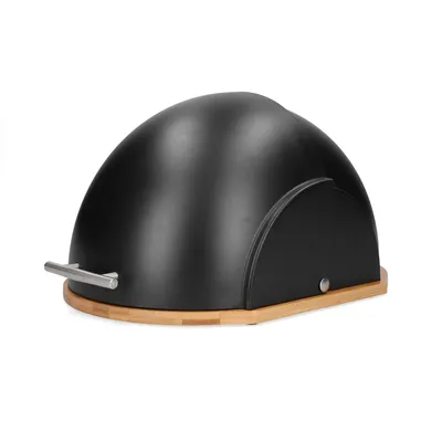 A black bread box with a wooden base is shown against a white background.