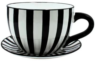 Produktbild von Dekohelden24 XXL Blumentopf, Pflanztasse, Pflanzkübel, Pflanzgefäß, Blumenkübel, Pflanztopf. Übertopf als Tasse mit Griff aus Keramik, Motiv: Schwarz-Weiß-Gestreift, L/B/H 34 x 28 x16 cm. – Größe 34 c
