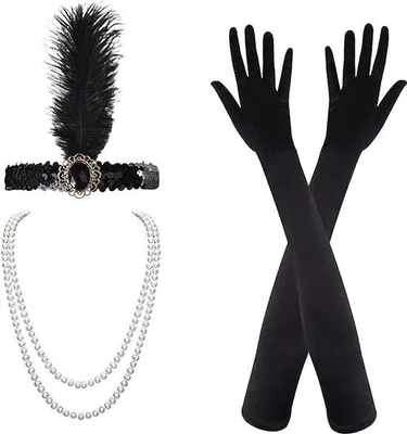 Immagine prodotto di Set di accessori anni '20 Unyqoos® composto da 4 pezzi: collana di perle, reggiseno nero, guanti lunghi neri in raso e fascia per capelli con piume, ideali per ballare il Charleston e per eventi a tema "Il Grande Gatsby"
