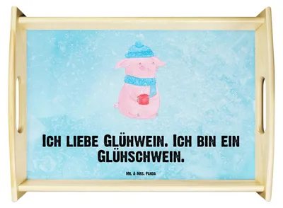 Produktbild von Mr. & Mrs. Panda holz serviertablett Schwein Glühwein - Eisblau - Geschenk, Servier Tablett, Weihnachtsmarkt, Punsch, Glühschwein, betttablett, Kaffee, Deko, Weihnachten