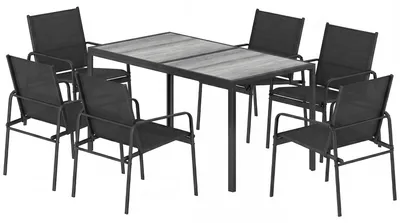 Image de Ensemble de salon de jardin comprenant 6 chaises en mesh, ensemble de mobilier de jardin 7 pièces, table imitation bois avec structure en acier, couleur noire | résistant aux intempéries | 26 kg | 150 x 80 x 74 cm