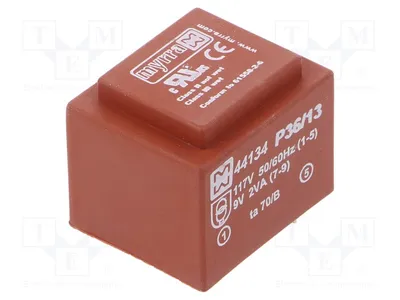 Immagine prodotto di 1 trasformatore: rivestito, corrente nominale 222mA. Montaggio: 44134. Trasformatori da 9V, 117VAC, 2VA