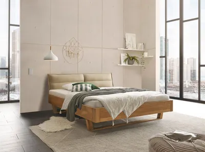Produktbild von TJARK Modernes Massivholzbett 180x200 - Komfortables & hochwertiges Balkenbett mit gepolstertem Kopfteil - 186 x 89 x 219 cm (B/H/T)