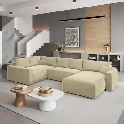 Produktbild von Masseno Ecksofa VELAMI L-S mit Schlaffunktion U-Form, Sofa mit Bettkasten, Wohnzimmersofa, Couch, Soffa, Bettsofa, Couchgarnitur- Creme, MONOLITH 04