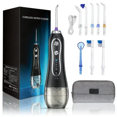 Produktbild von Munddusche, Elektrischer Zahnreiniger 4 Modi & 4 Düsen, 5 Wasserdruckeinstellungen, Kabellose Munddusche IPX7 Wasserdicht Wasser Flosser 300ML