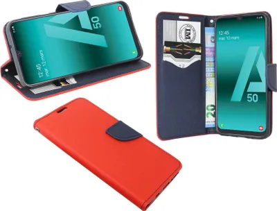 Produktbild von cofi1453® Buch Tasche "Fancy" kompatibel mit SAMSUNG GALAXY A50 (A505F) Handy Hülle Etui Brieftasche Schutzhülle mit Standfunktion, Kartenfach Rot-Blau