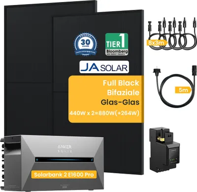 Produktbild von Balkonkraftwerk mit Speicher Anker Solix Solarbank 2 E1600 Pro mit JaSolar 880W(+264W) Full Black Bifaziale Solarmodule und Anker Smarten Zähler