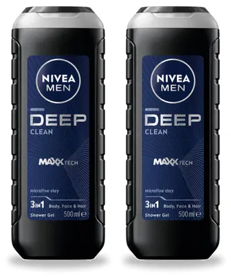 Imagen del producto de 2 unidades de gel de ducha NIVEA MEN Deep Clean 3 en 1 - 500 ml - Paquete económico