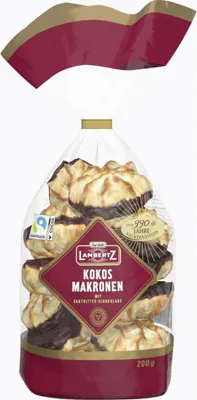 A package of Lambertz Kokos Makronen (coconut macaroons) with a dark chocolate base.