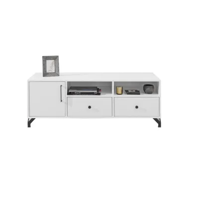 Produktbild von TV-Schrank BERGO Weiß 140x50 cm Lowboard mit 1 Tür, 2 Schubladen & 2 offenen Ablagen, Moderner Stil