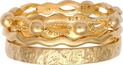 Produktbild von Damen Ring Set 925 Sterling Silber Goldoptik Wellen Kugel Hammerschlag-Band