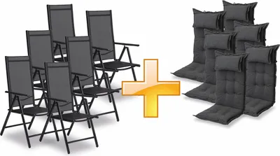A collage showing a set of garden chairs and a set of garden chair cushions.