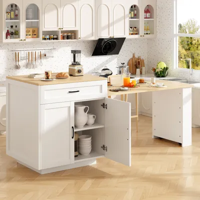 Produktbild von Abrihome Ausziehbarer Esstisch Bartisch für 2-6 Personen, Küchentisch mit 2 Schublade und 2 Fächern, Kücheninsel mit Stauraum, Weiß