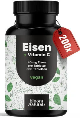 Produktbild von Bloom Naturals Eisentabletten mit Vitamin C, 200 Stück, 40 mg