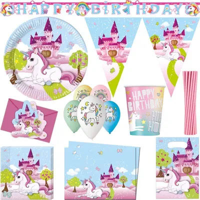 Produktbild von Partyset Einhorn Geburtstagsdeko Kindergeburtstag Deko Set Party rosa