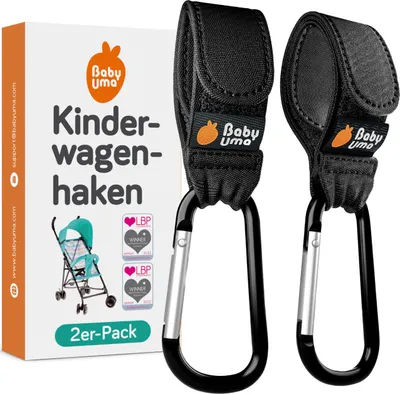 Immagine prodotto di Baby Uma ganci per borse (confezione da 2) - Accessori universali per passeggini, moschettone grande e antiscivolo, capacità di carico di 5 kg per moschettone tela nera