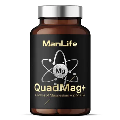 Produktbild von QuadMag – 4 Magnesiumquellen mit Zink & Vitamin B6, 375 mg Magnesium – ManLife 90 vegane Kapseln