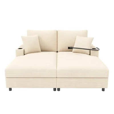 Produktbild von Merax 2-Sitzer Schlafsessel, Gepolstertes Doppelschlafsofa mit Schlaffunktion, Kissen, USB-Anschluss, Getränkehalter, Handyhalterung, Cordstoff, Beige