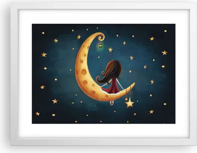 Produktbild von Gerahmtes Poster - Weißer Rahmen - Kinder Mädchen Mond - 40x30 cm - Wand Bild - Wanddeko - Wandbilder - Kunstposter - Wandposter - Bilderrahmen - Bilder - Kunstdruck - Wanddekoration - P2WAA40x30-4683