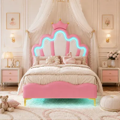 Produktbild von INONEFT Polsterbett Kinderbett 90x200cm, Prinzessin Bett für Mädchen mit LED, Verstellbares Kopfteil in Kronen, Einzelbett mit Lattenrost, PU, Rosa, KI-generiertes Bild