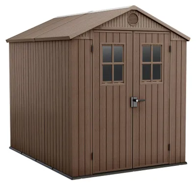 Immagine prodotto di Darwin 6x8 - Casetta da Giardino 190x221x 244 cm 2 Ante per deposito attrezzi finitura effetto legno Evotech+ in Resina Marrone