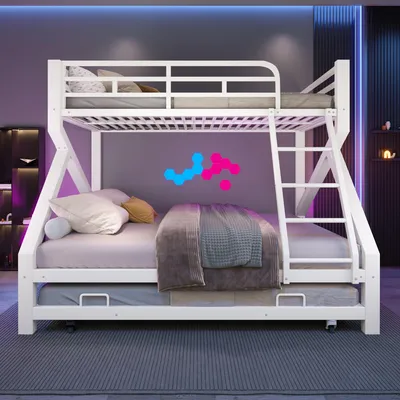 Immagine prodotto di Letto a castello 90 x 200 / 140 x 200 cm con scaletta, letto a castello con letto estraibile, letto a castello alto con ringhiera di sicurezza, bianco, metallo + MDF