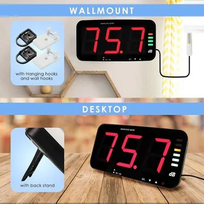 Obrázok produktu pre Meradlo hluku 30–130 dB – meranie hluku – 13-palcový širokouhlý HD displej – montáž na stenu – funkcia zaznamenávania údajov – alarm prekročenia hladiny hluku