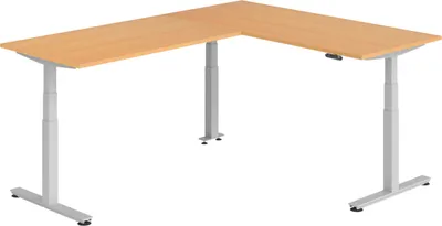 Produktbild von bümö Eckschreibtisch elektrisch höhenverstellbar L-Form - Gestell: Silber, Nachbildung: Buche, Größe: Eckschreibtisch 180 x 240 cm