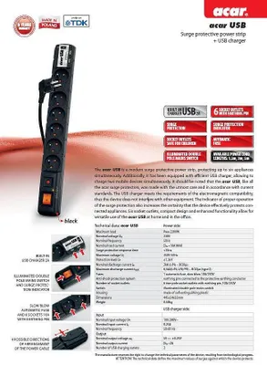 Zdjęcie produktu dla Acar Kabel USB 3 m, 6 gniazd, 2xUSB, ochrona przed przepięciem, czarny
