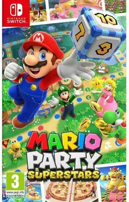 The cover art for the Nintendo Switch game Mario Party Superstars, featuring Mario and other characters on a game board.