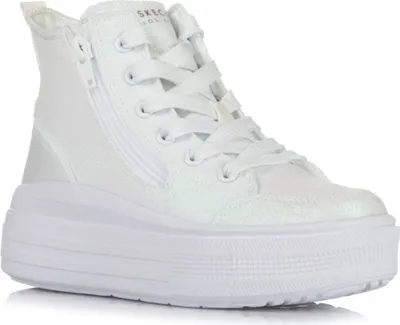 A white high-top sneaker with a platform sole.