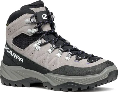 Boreas GTX Wmn Wanderschuhe von Scarpa in Grau und Schwarz mit Schnürung und verstärkter Sohle.